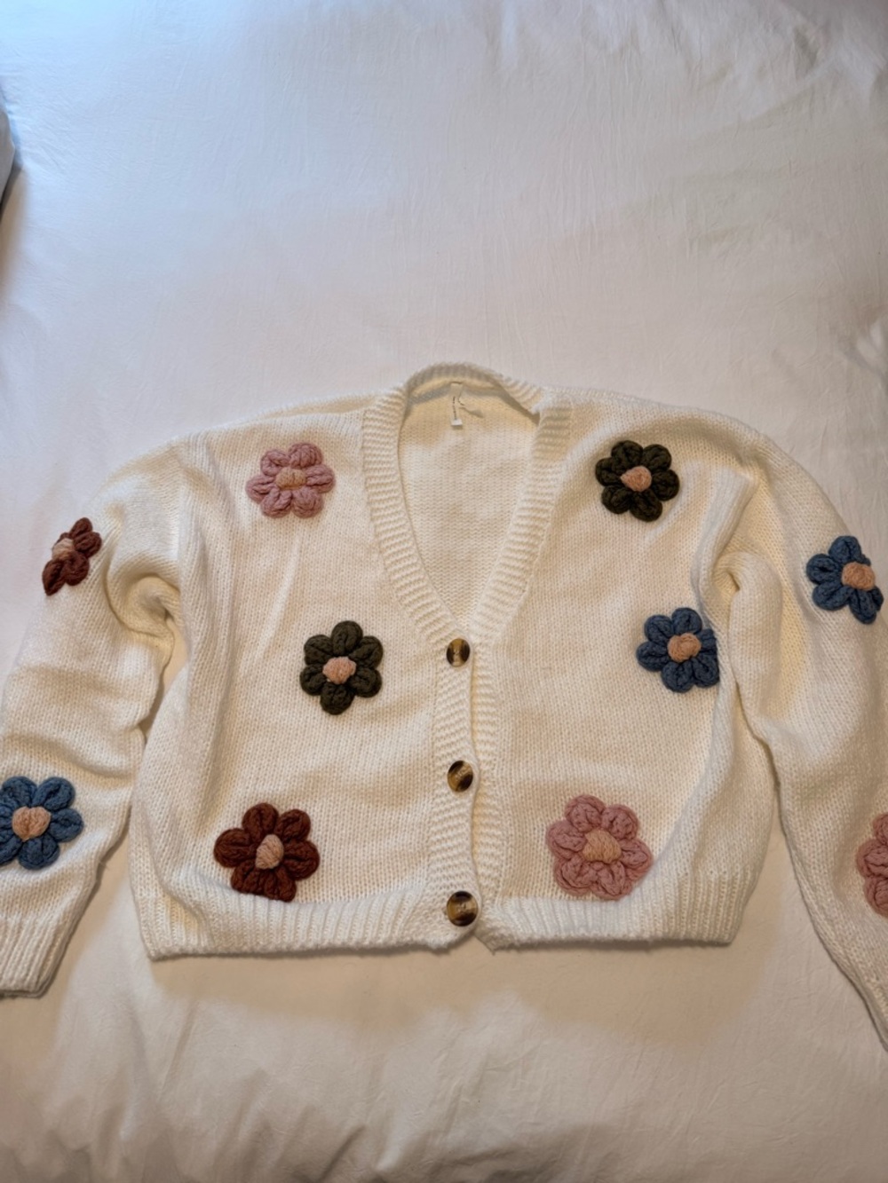 Dreamers Cream Cardigan with Multicolor Flower Appliqués